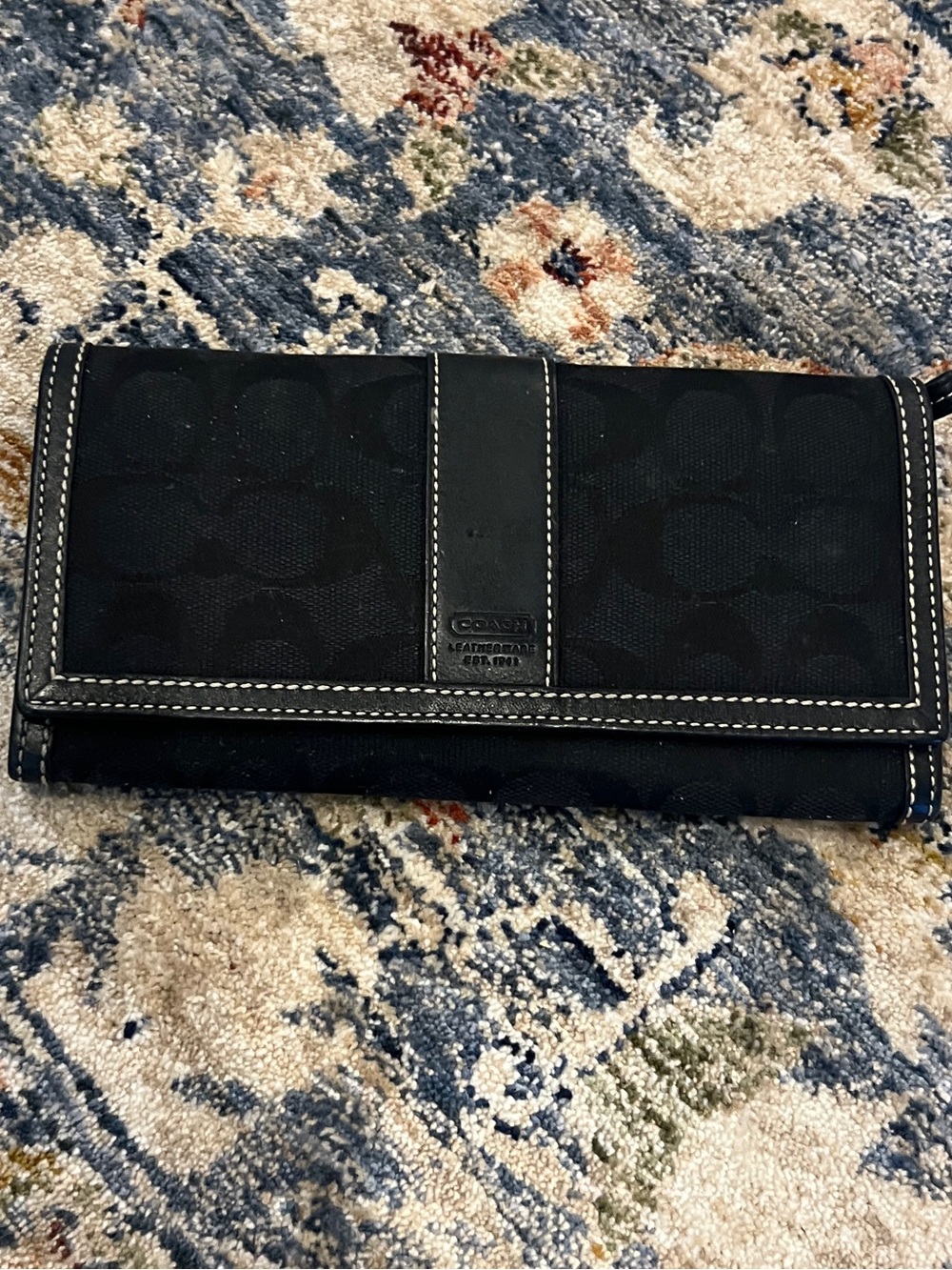 Coach Black Signature Trifold Wallet with White Stitching
